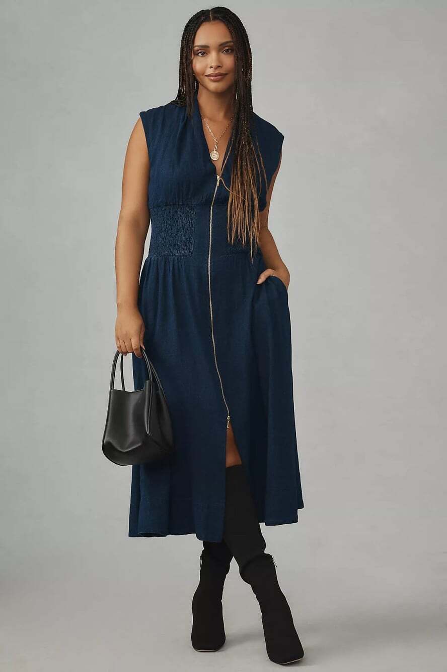 ANTHROPOLOGIE The Tommie Size L Dark Denim Cap Sleeve Smocked Zip Shirt Dress